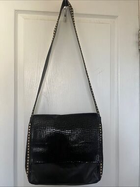 Black Croc-Embossed Leathers Crossbody with Gold Stud Trim